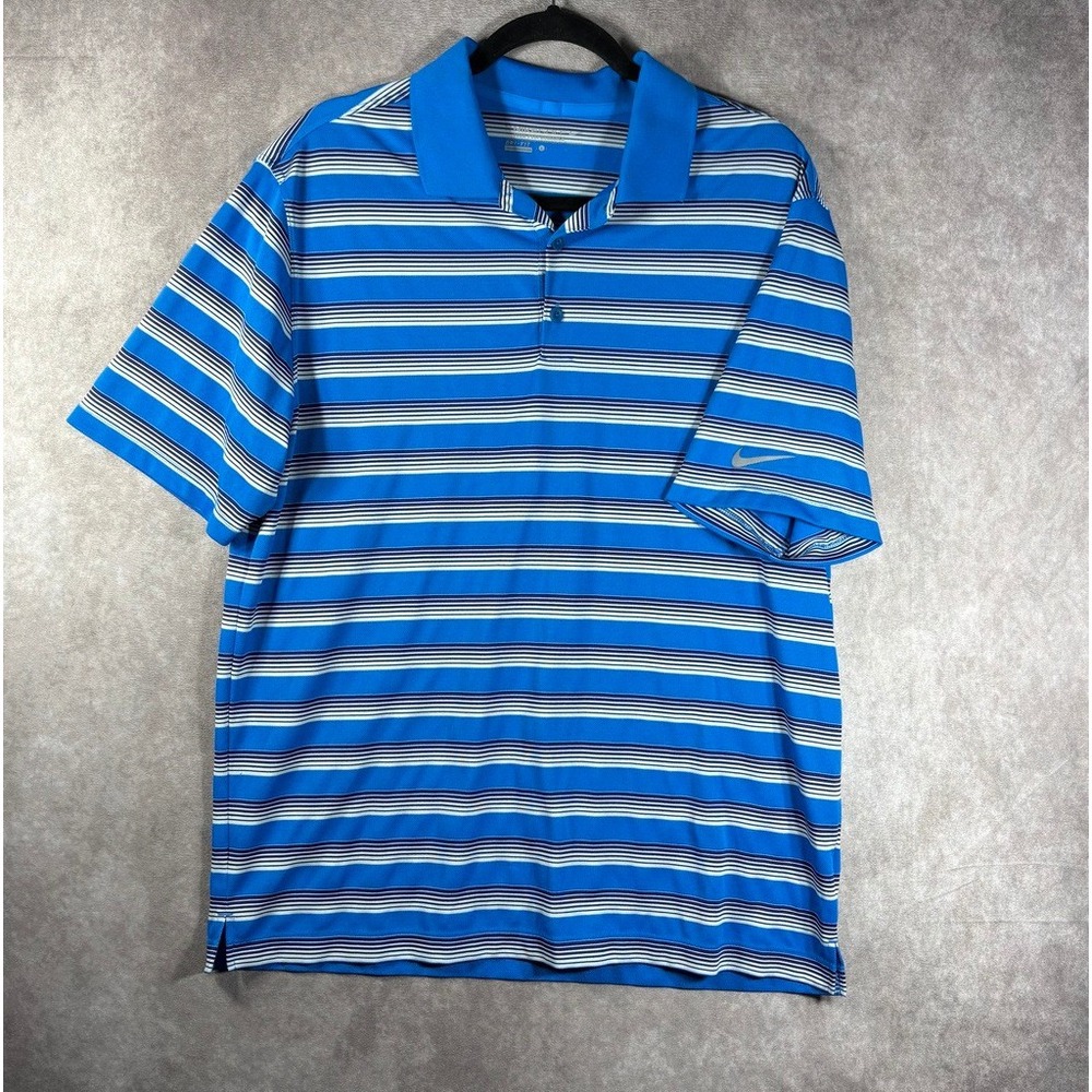Nike Golf Polo Shirt Mens L Blue Dri-Fit Tour Performance Striped Short Sleeve